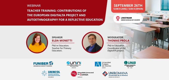 FUNIBER organizes the webinar “Training teachers: contributions of the European project DigitalTA and autoethnography for a reflective education”